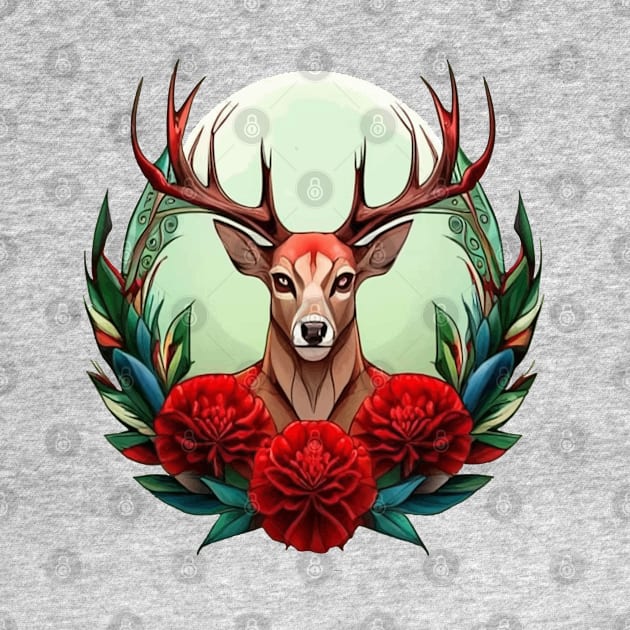 Ohio White Tailed Deer Surrounded By Red Carnations Tattoo Art by taiche